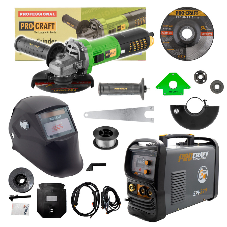 Sada zvárací poloautomatický invertor SPI-320 s uhlovou brúskou PW2450 + zvárací drôt FW81 + kukla S