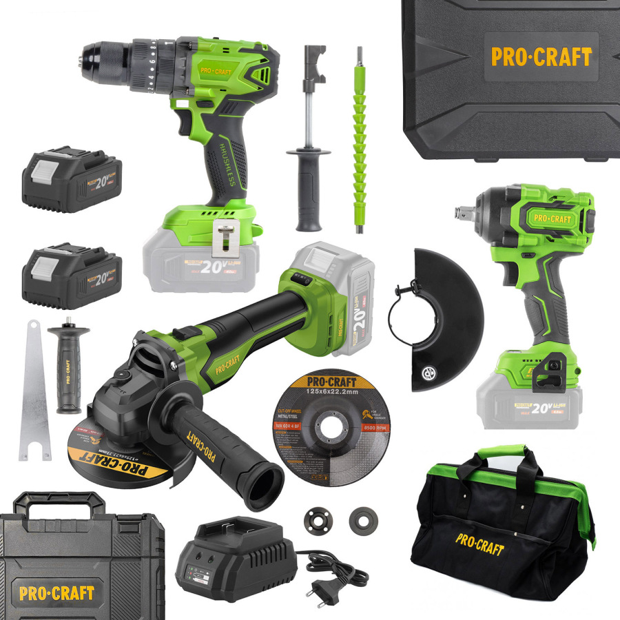 Procraft aku bezuhlíková sada náradia 20V, 5 dielov PA18BLbb, BG400, PWA18bb, PGA22, 20/4