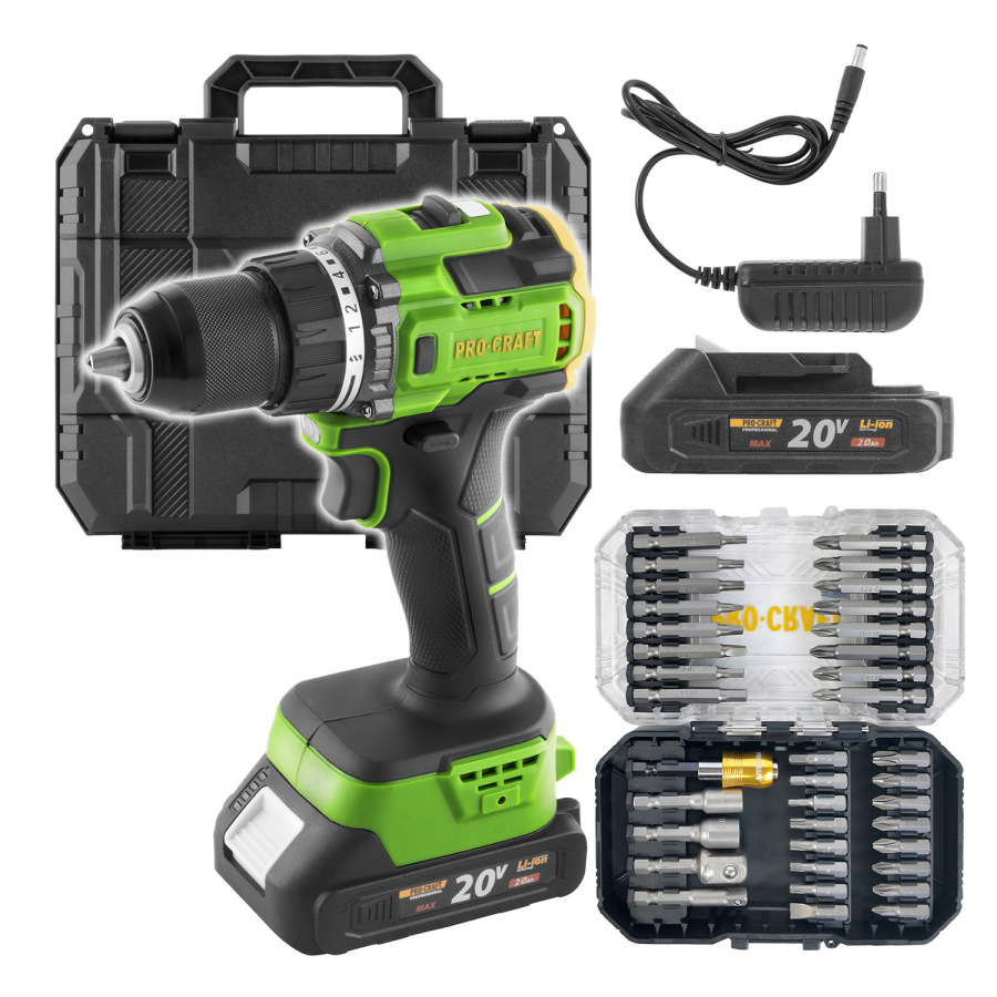 PROCRAFT Aku vŕtací skrutkovač 20V PA18LiH so sadou bitov SPA18LiH-1B-C/BS-37
