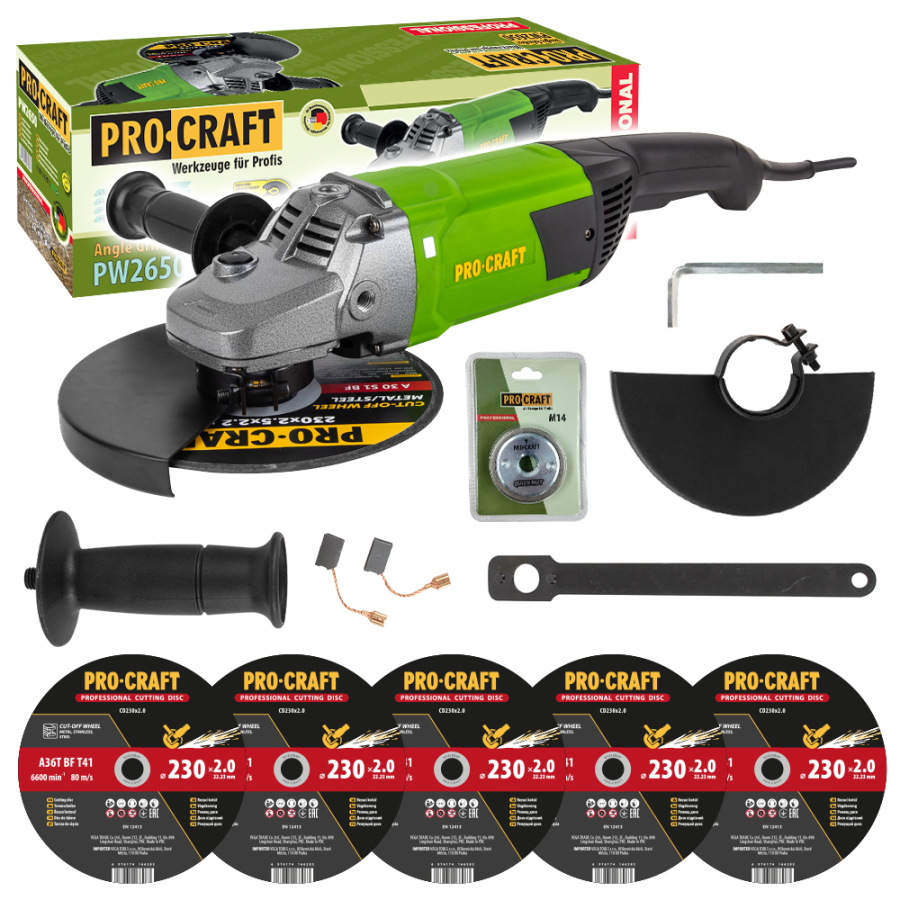 Uhlová brúska Procraft PW2650 + rýchloupínacia matica RM14, 5x rezací kotúč CD230x2.0