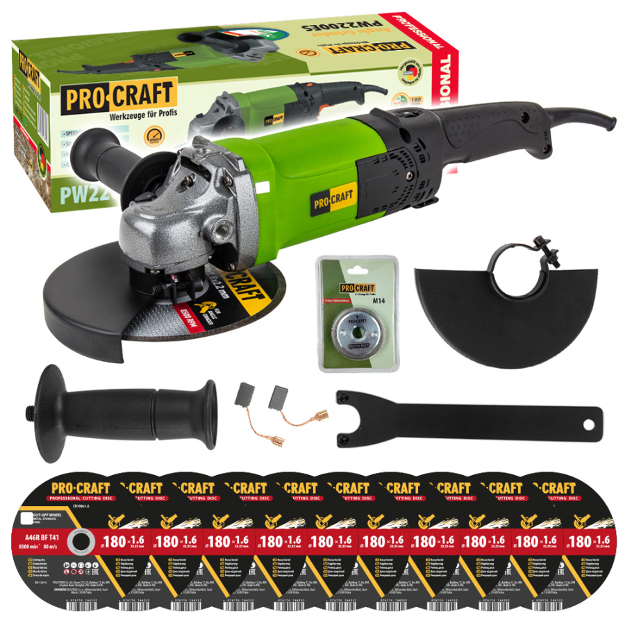 Uhlová brúska Procraft PW2200ES + rýchloupínacia matica RM14, 10x rezací kotúč CD180x1,6