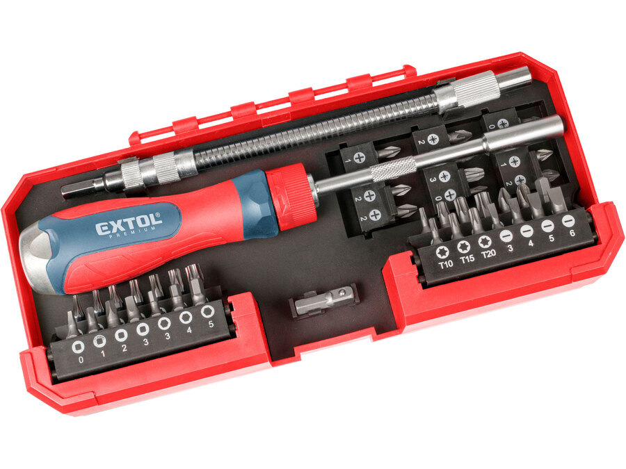 EXTOL PREMIUM 8819157 Skrutkovač račňový s bitmi, 43ks sada, plastová krabička, CrV