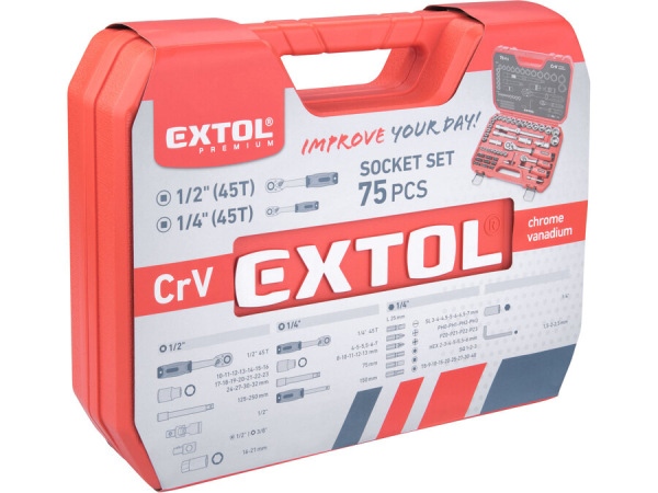 EXTOL PREMIUM Sada nástrčných kľúčov, 1/4", 1/2", 75-dielna 8818321 2