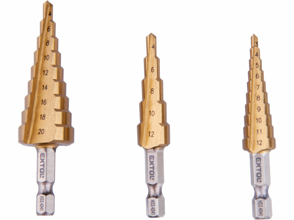 EXTOL CRAFT 20089 Vrtáky stupňovité, sada 3ks, ø3-12/1mm, ø4-12/2mm, ø4-20/2mm 1