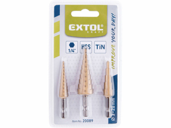 EXTOL CRAFT 20089 Vrtáky stupňovité, sada 3ks, ø3-12/1mm, ø4-12/2mm, ø4-20/2mm 2