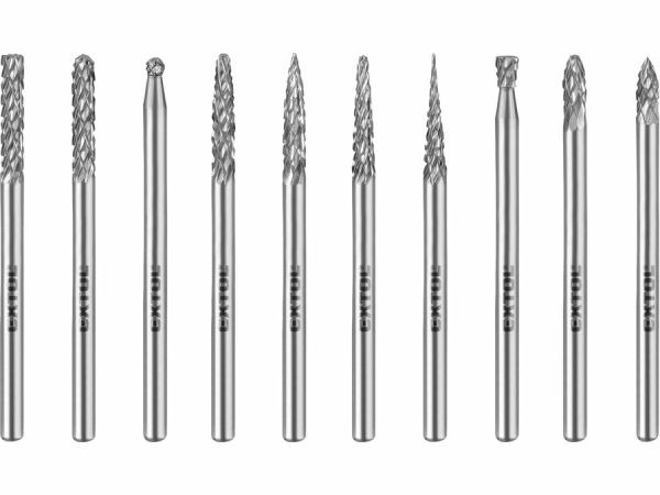 EXTOL INDUSTRIAL 8703800 Sada karbidových fréz, 10ks, ø3mm, stopka ø3mm, celková dĺžka 38m
