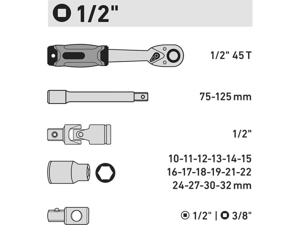 EXTOL PREMIUM Sada nástrčných kľúčov, 1/2", 21-dielna 8818323 1