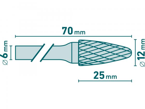 Fréza karbidová kovexná, polguľaté čelo, pr. 12mm, rezná dĺžka 25mm, stopka 6mm, celková dĺžka 70mm