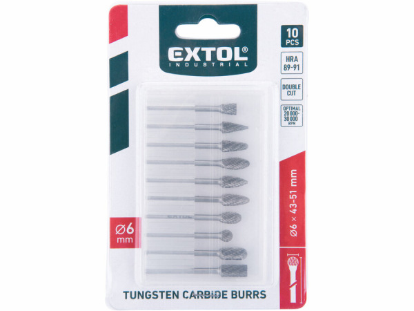 EXTOL INDUSTRIAL 8703810 ada karbidových fréz, 10ks, ø6mm, stopka ø3mm, celková dĺžka 50mm 1