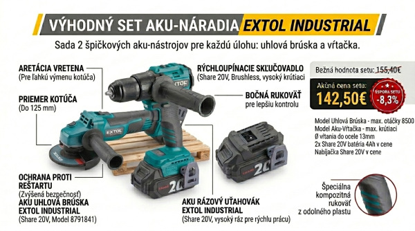 EXTOL INDUSTRIAL SET Aku vŕtačka s príklepom/uhlová brúska 125 Share20V, 2x 2Ah,8791804-41
