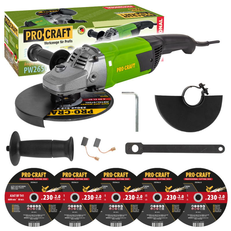 Uhlová brúska Procraft PW2650 + 5x rezací kotúč CD230x2.0