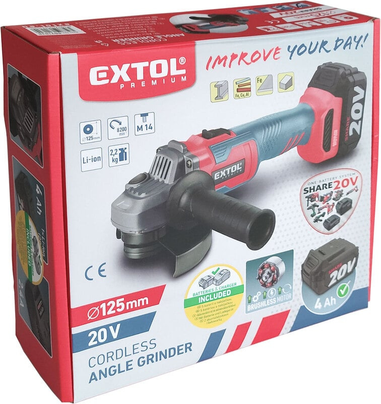 EXTOL PREMIUM 8891838 Brúska uhlová aku Share20V, 1x 4Ah, 125mm, bezuhlíkový motor 8