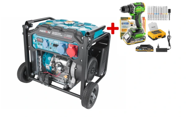 HERON 8896235 Elektrocentrála invertorová rám. 3F, 9kW, diaľ.ovládanie +Aku skrutkovač 20V
