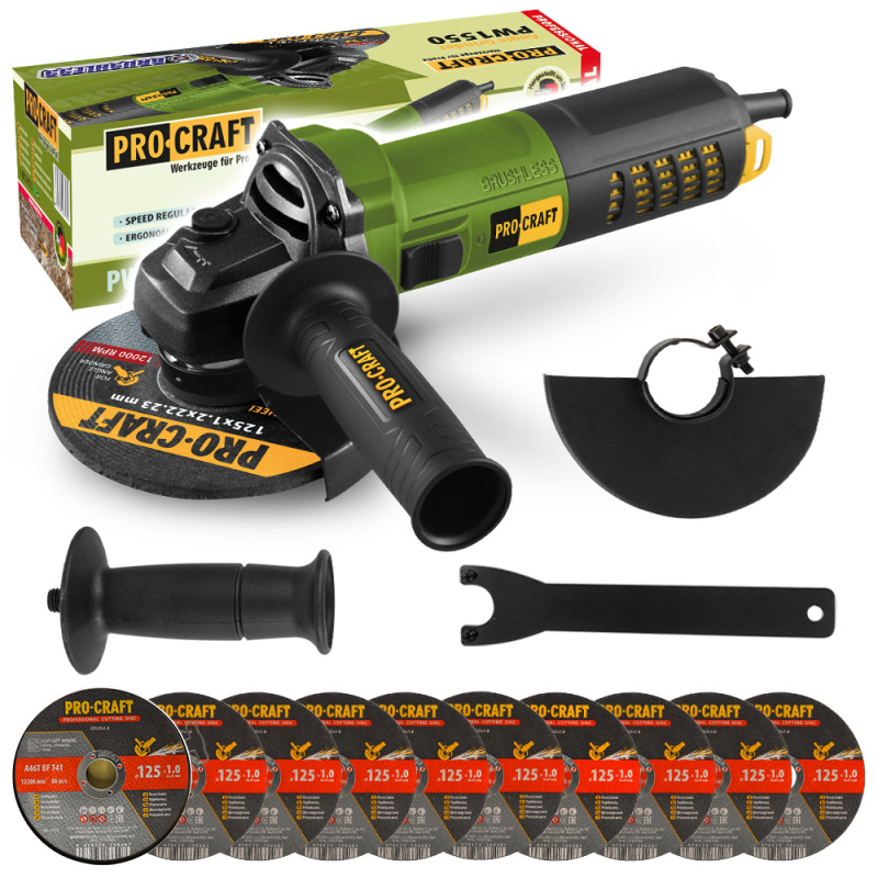 PROCRAFT Bruska úhlová 850W 125mm 10x řezný kotouč CD125x1.0 PW1550