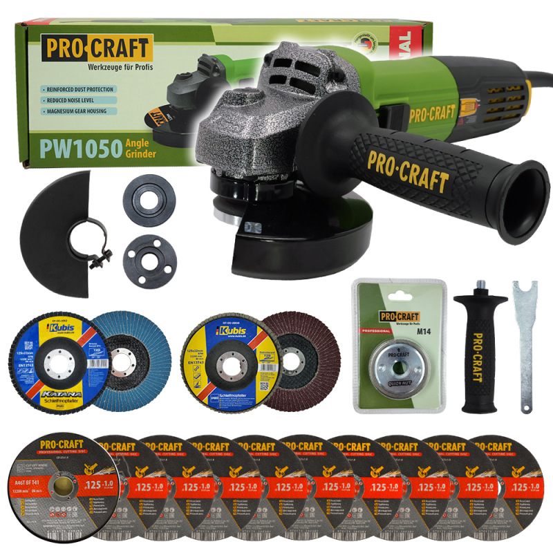 PROCRAFT Uhlová brúska + rýchloupínacia matica RM14, 10x rezací kotúč CD125x1,0 SPW1050