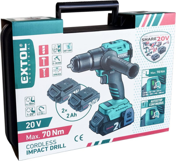 EXTOL INDUSTRIAL 8791804 Vŕtačka s príklepom aku Share20V, 2x 2Ah, 70Nm, bezuhlíkový motor 14