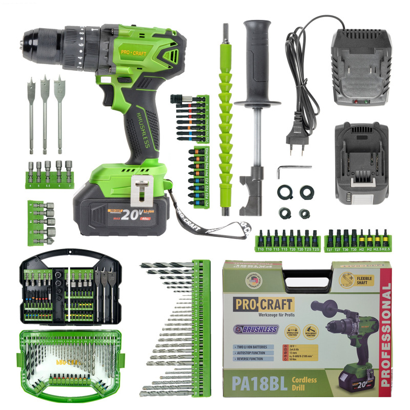 Bezuhlíková aku príklepová vŕtačka Procraft SPA18BL so sadou bitov DBS-101