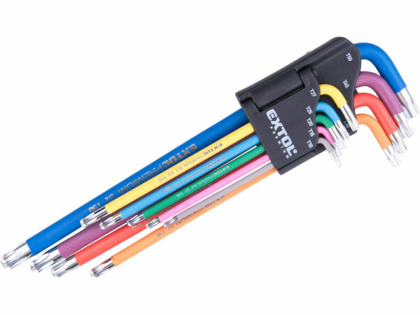 EXTOL PREMIUM 8819416 Kľúče Torx farebné predĺžené, 9ks, T10-T50mm, S2