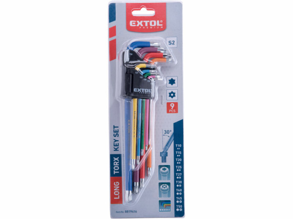 EXTOL PREMIUM 8819416 Kľúče Torx farebné predĺžené, 9ks, T10-T50mm, S2 1