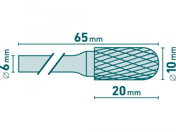 Fréza karbidová valcová, polguľaté čelo, pr. 10mm, rezná dĺžka 20mm, stopka 6mm, celková dĺžka 65mm