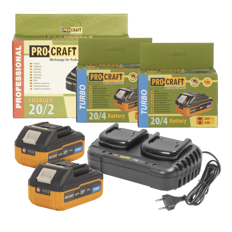 Sada dvoch 20V 4Ah batérií Procraft 20/4 Turbo a nabíjačky pre dve batérie 20/2