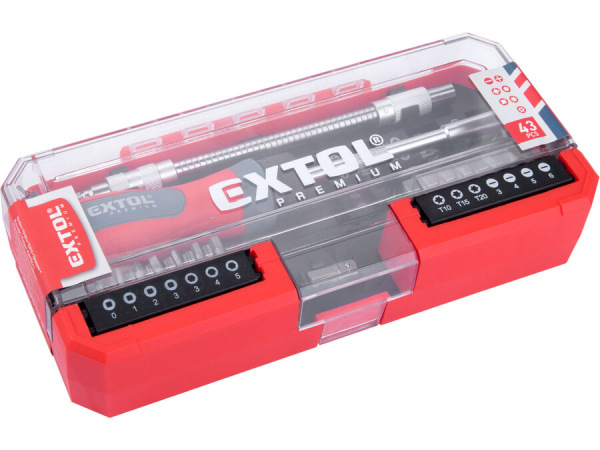 EXTOL PREMIUM 8819157 Skrutkovač račňový s bitmi, 43ks sada, plastová krabička, CrV 4