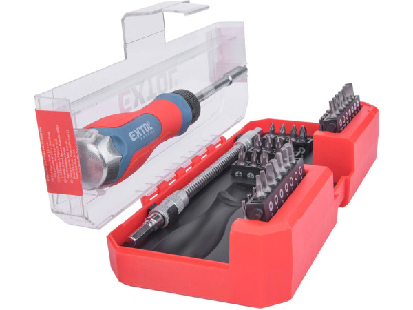 EXTOL PREMIUM 8819157 Skrutkovač račňový s bitmi, 43ks sada, plastová krabička, CrV 3