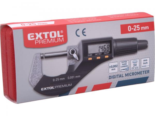 EXTOL PREMIUM Mikrometer digitálny, 0-25mm, rozlíšenie 0,001mm, presnosť 0,002mm 8825320